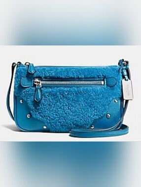 Coach Rhyder Faux Shearling & Leather Pouchette, Blue, Like New, 2015